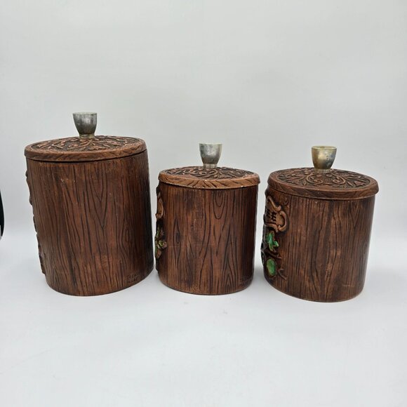 Vintage Treasure Craft US Canister Set - Flour Coffee Tea - Wood Look Ceramic wi - Picture 5 of 14